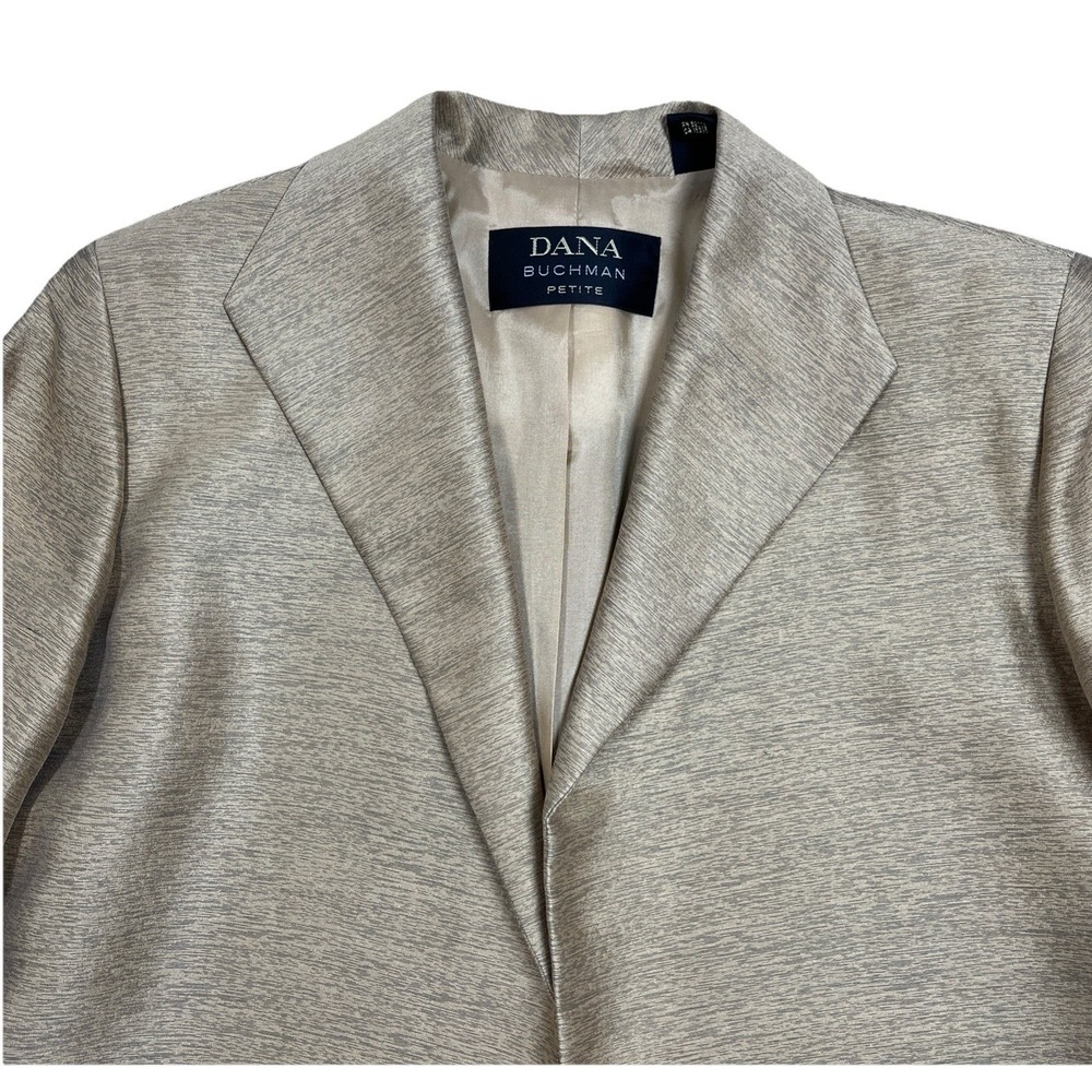Dana‎ Buchman Open Front Gold Silk Wool Textured Weave Blazer Jacket Petite 4 - Picture 3 of 13